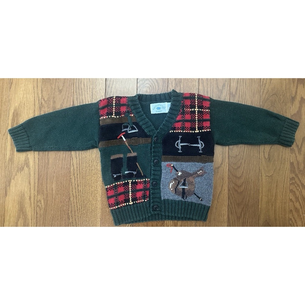 Vintage Hartstrings Baby 18M Equestrian Polo Horse Knit Cardigan Sweater